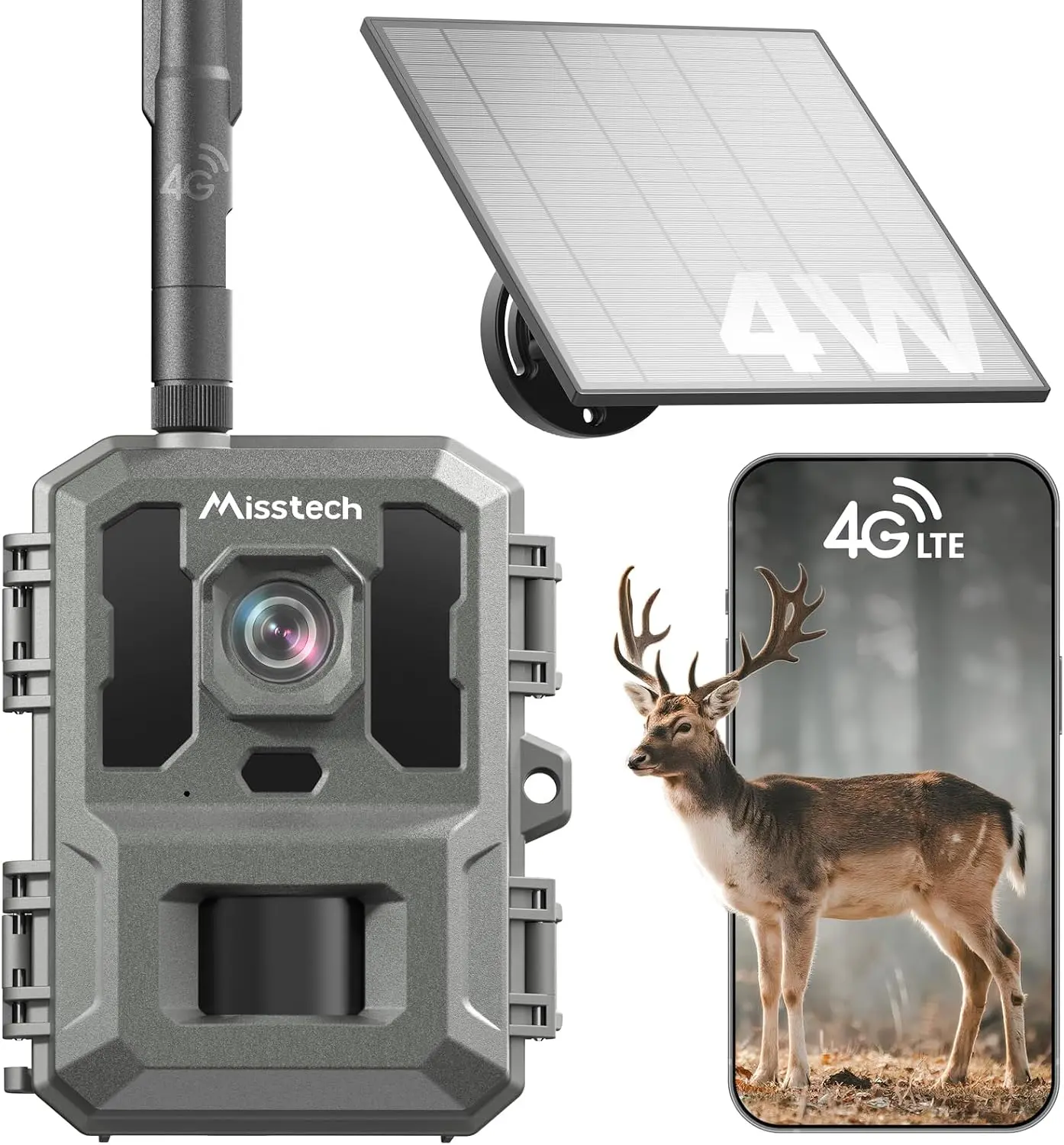 Misstech 4G LTE Cellular Trail Camera for Wild&Farm, 0.1s Motion-Activated | 2K Live View, No Glow 940nm Infrared Night Vision, 4W Solar Panel, App Alert, Clear Video Capture, No WiFi, IP66 Game Camera