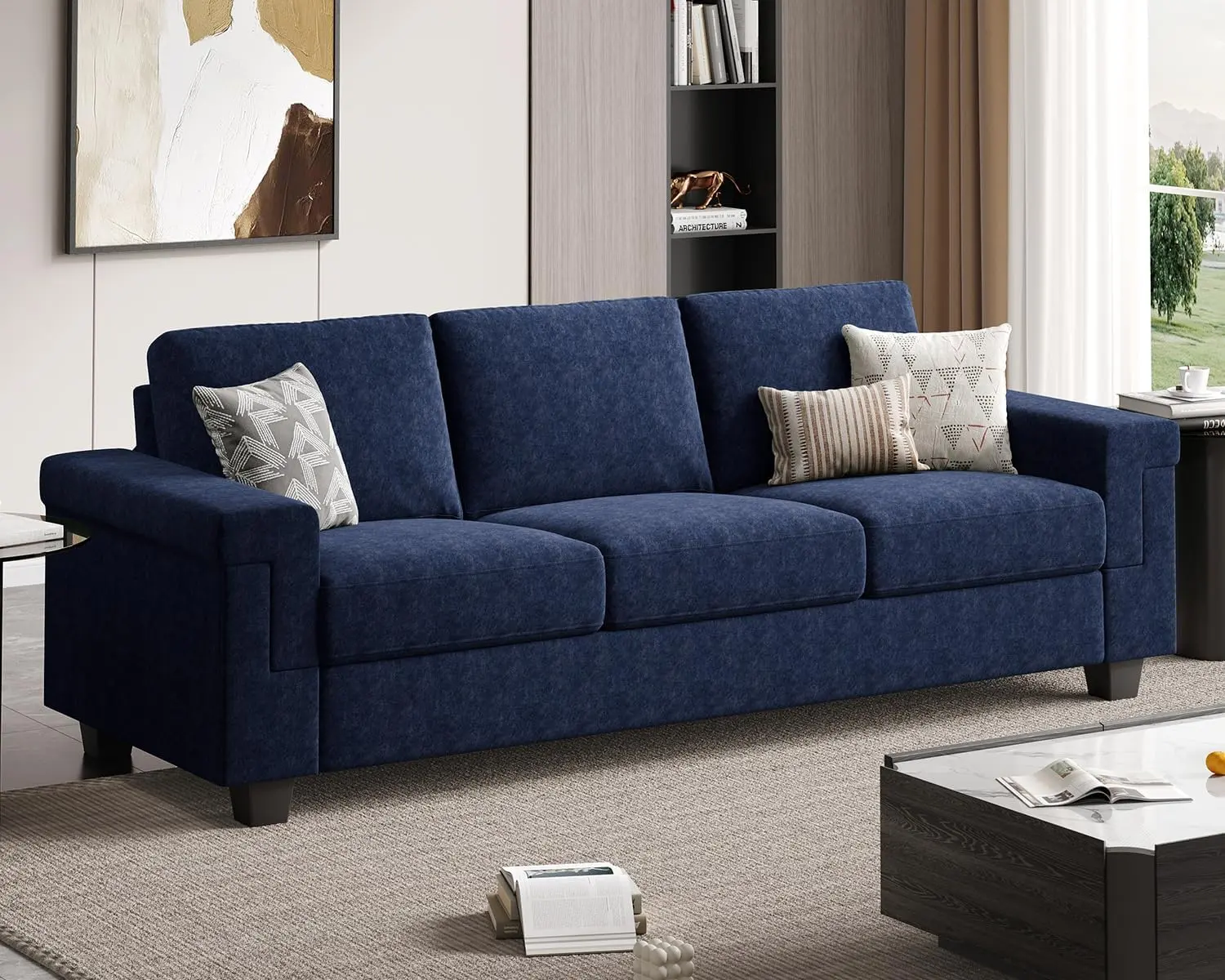 COPIAE 3-Seater Square Arm Sofa Couch - 90" Modern Upholstered Deep Seat, Removable Covers, Requires Assembly, Comfy Couches for Apartment, Living Room Indoor Furniture, Square Arm Couch