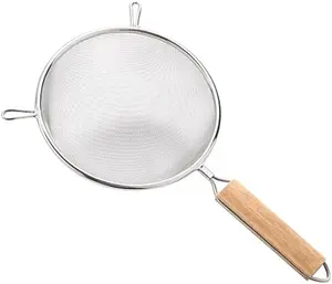 1pc 7.87-Inch Stainless Steel Double Mesh Food Strainer Colander - Fine Sieve Sifter with Wooden Handle for Kitchen Cooking, Pasta, Rice, Noodles, and More