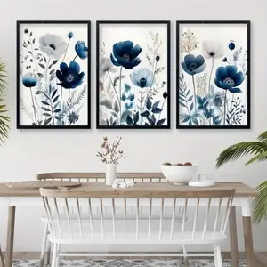 3pcs Wildflower Lily Daisy Watercolor Plant Wall Art, Wooden Frame Living Room Decor, Fresh Natural Romantic Floral Hanging Paintings, Modern Home Decor