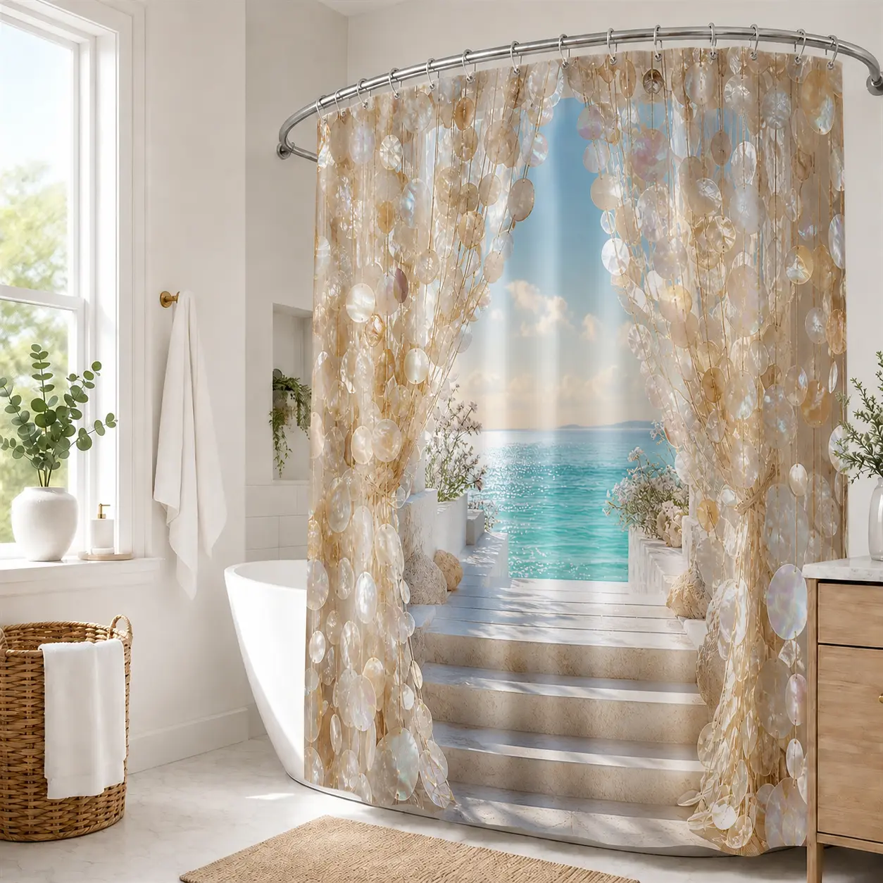 Coastal Seashell Arch Beach Ocean View Shower Curtain, Waterproof Fabric Aesthetic Tropical Sea Scenery Bathroom Curtain, Beach House Home Decor