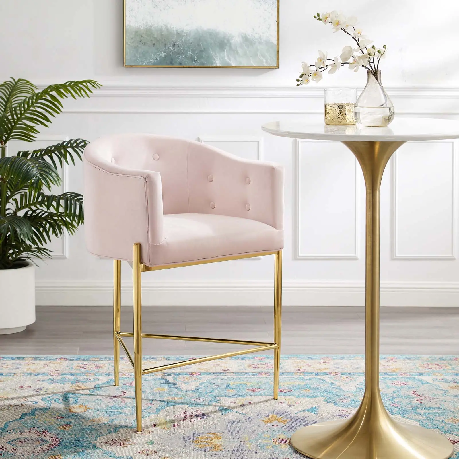 Modway Savour Tufted Counter Height Barstool - Upholstered Bar Stools, Pink Velvet Tufting Home Bar Furniture, Pink Velvet Home Bar Furniture, Counter Height Barstools