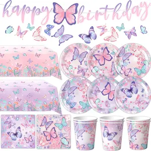 Butterfly Birthday Party Supplies Disposable Paper Plates Napkins Cups Tablecloth and Banner for Butterfly Girl Party Birthday Decorations, Serve 30