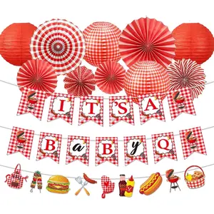 Gameza BBQ Baby Shower Decorations - 12PCS Baby Q Baby Shower Banners Paper Fans Lanterns Party Decor, Barbeque Picnic Summer BBQ Gender Reveal Party Supplies