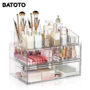 BATOTO Clear Acrylic Makeup Organizer with Drawers Stackable Cosmetic Storage Case for Vanity Bathroom & Countertop Display Organize Lipstick Brushes Skincare Perfume Multi-Use Beauty Holder Crystal Silicone Boxes Transparent Bin Slide