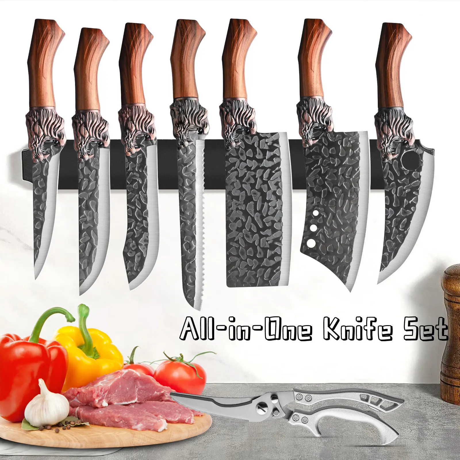 8-piece set of professional kitchen chef knives, hand forged stainless steel multifunctional knives, bone removal, cutting, fish, meat, kitchen scissors, ultra sharp bone scissors, convenient for kitchen meal preparation use