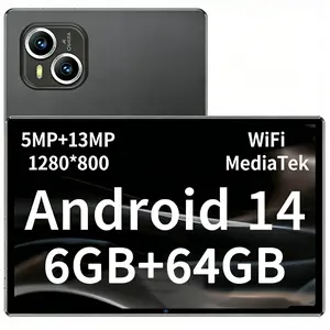 10.1-inch Android 14 tablet with 6 GB RAM and 64 GB storage capacity, featuring a 10.1-inch FHD IPS touchscreen, a 5 MP front camera and a 13 MP rear camera, and a Type-C port. Free accessories include: a protective case, an electronic stylus, a stand, an