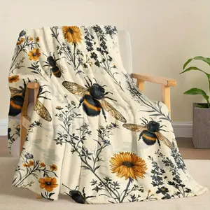 Soft Funny Throw Blanket Cute Bee And Wildflower Themed Flannel Knitted Quilted Blanket With Digital Print All Season Cozy Bedding Perfect For Napping Camping Travel Ideal Gift For Friends And Family