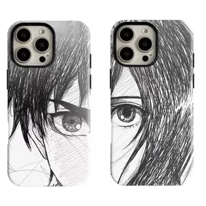 Attack on Titan Eren & Mikasa Couple Phone Case, Sketch Style Anime Tough Cover, Compatible with iPhone 11-17 Pro Max/Plus and Samsung Galaxy S23-25