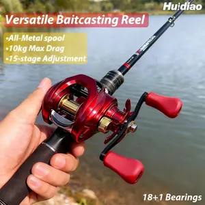 Huidiao Anti-Backlash Red Baitcasting Reel 7.1:1 High Speed ​​Ratio 10KG/22LB Powerful Drag Low Profile Lure Fishing Reel with Shielded Bearing N48 Magnetic Brake System Metal Spool/Handle for Bass Trout Pike