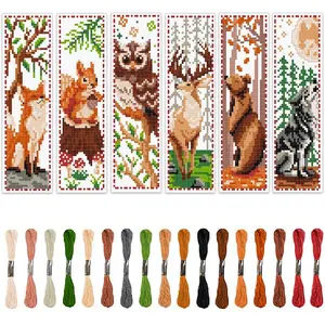 Animal in The Forest Theme Cross Stitch Bookmark, 6 Counts/set DIY Art Set Cross Stitch Kit Including Cross Stitch Accessories, Decorative Bookmark for Beginners