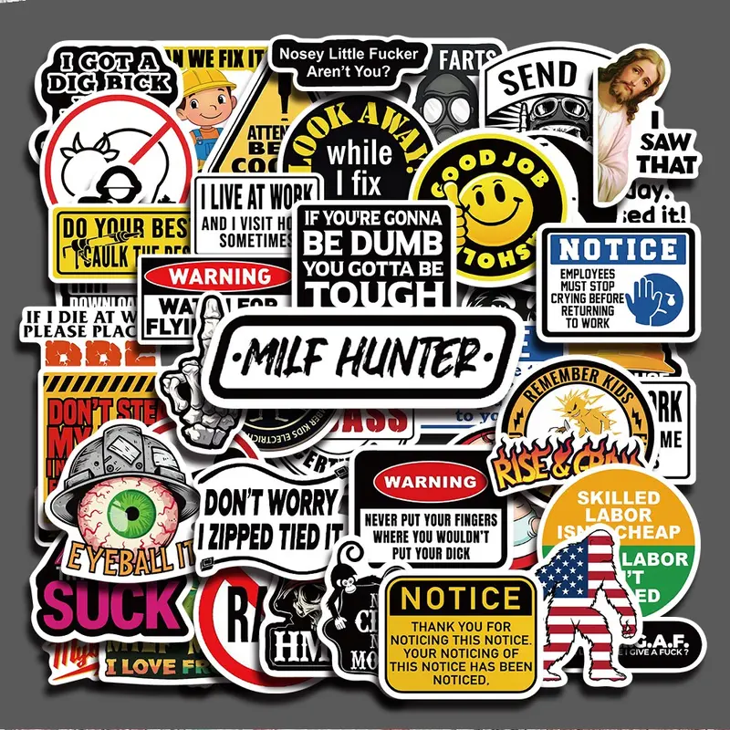 50pcs Funny Hard Hat Meme Aesthetic Stickers Pack, Sticker Set, Humorous Safety Helmet Cartoon Vinyl Stickers for Laptop, Water Bottle, Phone Case and DIY Decoration