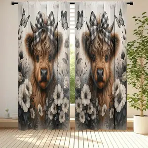 Cute Highland Cow Floral Butterfly Curtains, Half-Blackout, Polyester Fabric, Bedroom Living Room Office Decor, Window Curtain