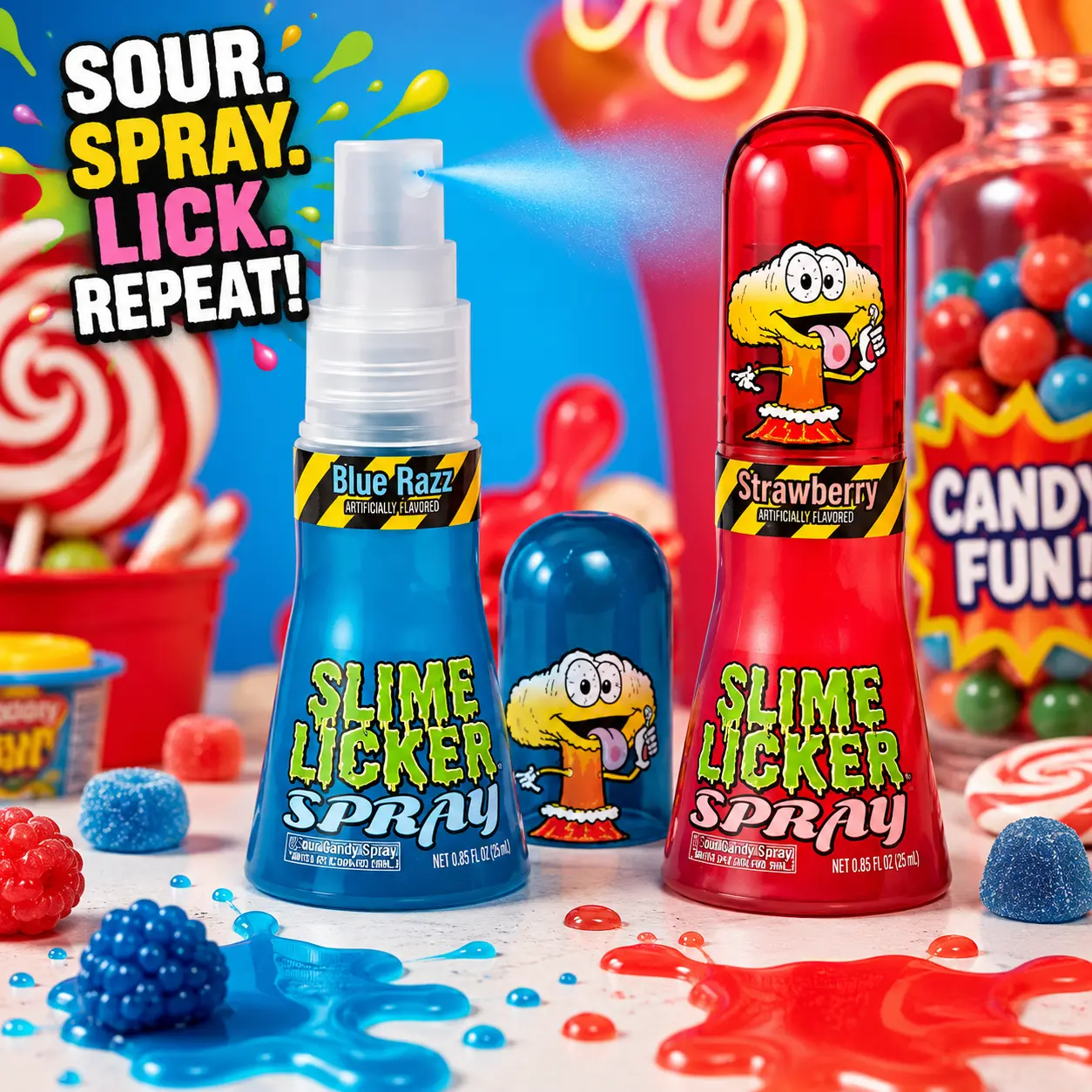 Toxic Waste Slime Licker Spray 2 Pack - Blue Raspberry & Strawberry Flavors - Intensely Sour Liquid Novelty Candy - Pump-Action Bottle - Mess-Free Tart Flavor  asmr