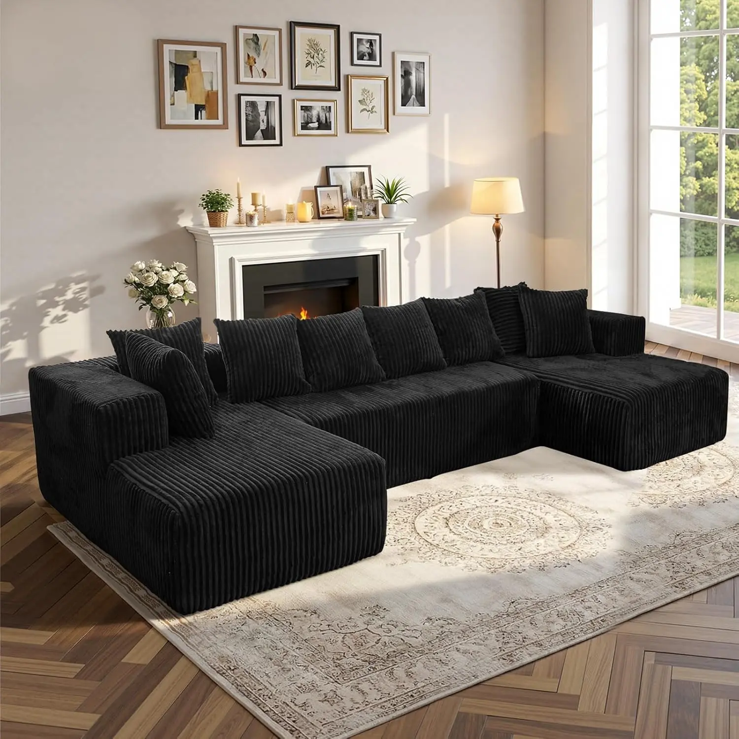 132-Inch Fluffy Plush Corduroy Boneless Modular U-Shaped Couch - 3-Package Shipping, Comfy Sponge Sofa Bed Recliner with Fixed Arms, Soft Throw Pillows for Living Room Decor