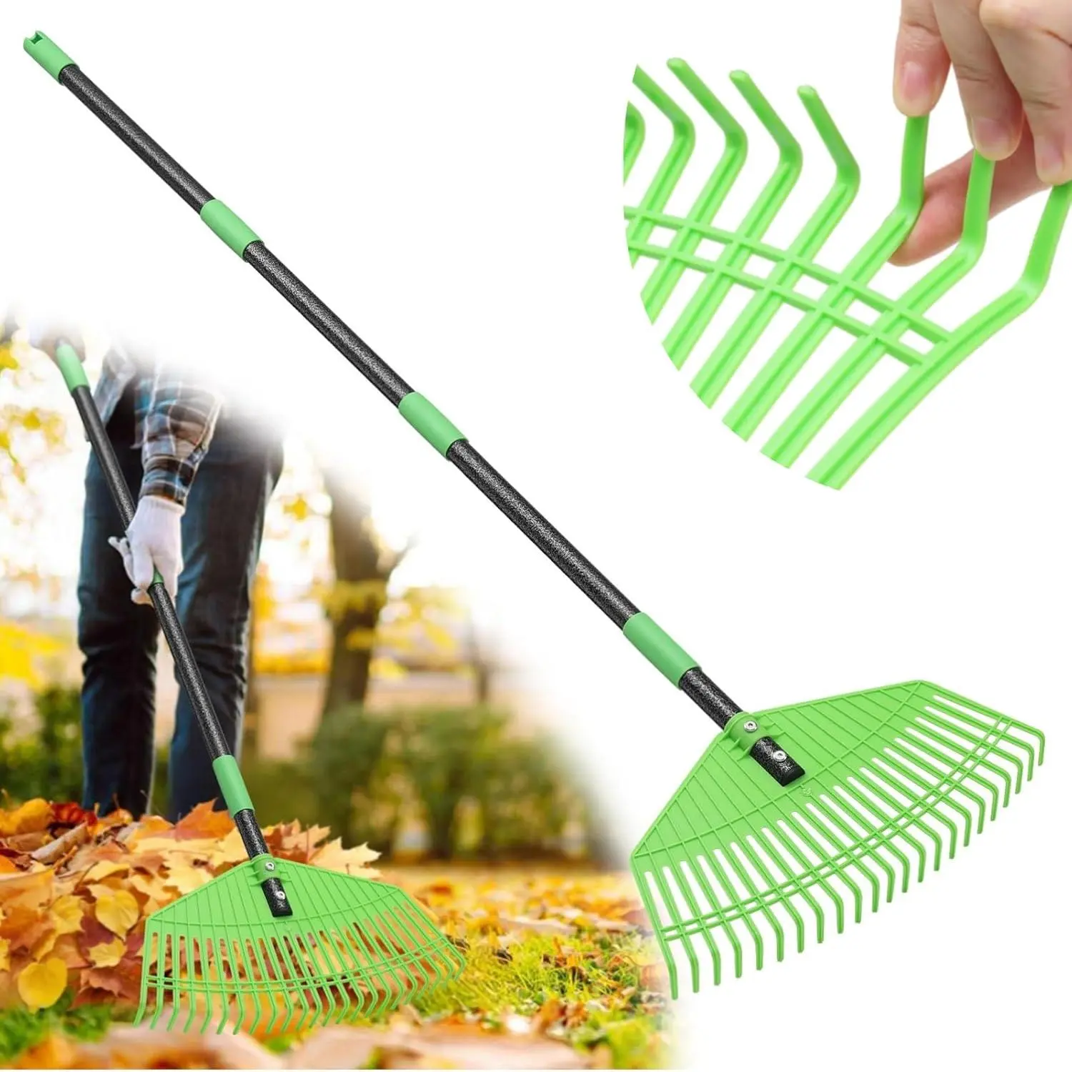 Plastic Leaf Rake with Adjustable 65inch Handle - Lightweight Outdoor Garden Rake for Leaves, Grass, and Pine Needles, Mulch, Gentle on Lawn and Garden - Easy to Use for Women, Elderly, and Children