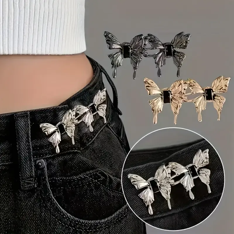 Butterfly Motif Waist Buttons (1 Pair), Detachable Nail-Free Clips, Sewing-Free Clothes Accessory for Waistline Adjustment
