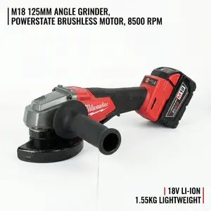 Milwaukee 18V Brushless 125mm Angle Grinder Tool with M14 Spindle and Variable Speed up to 8500RPM for Metal Fabrication Featuring Non-Locking Paddle Switch and 33mm Cutting Depth for Professional Industrial Grinding Tasks