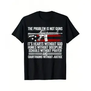 Men'S Patriotic The Problem Is Not Guns Graphic T-Shirt - American Flag & Rifle Design, Bold Statement Slogan, Black Casual Short Sleeve Round Neck Tee, Machine Washable Summer Top, American Flag Clothes 100% 180g men graphic tshirts Father'S day Crewneck