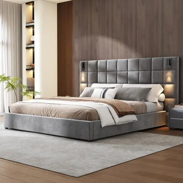 【Bellemave】King Size Upholstered Bed Frame,With Wall Sconce And USB Port, Wide Headboard, Velvet, Gray
