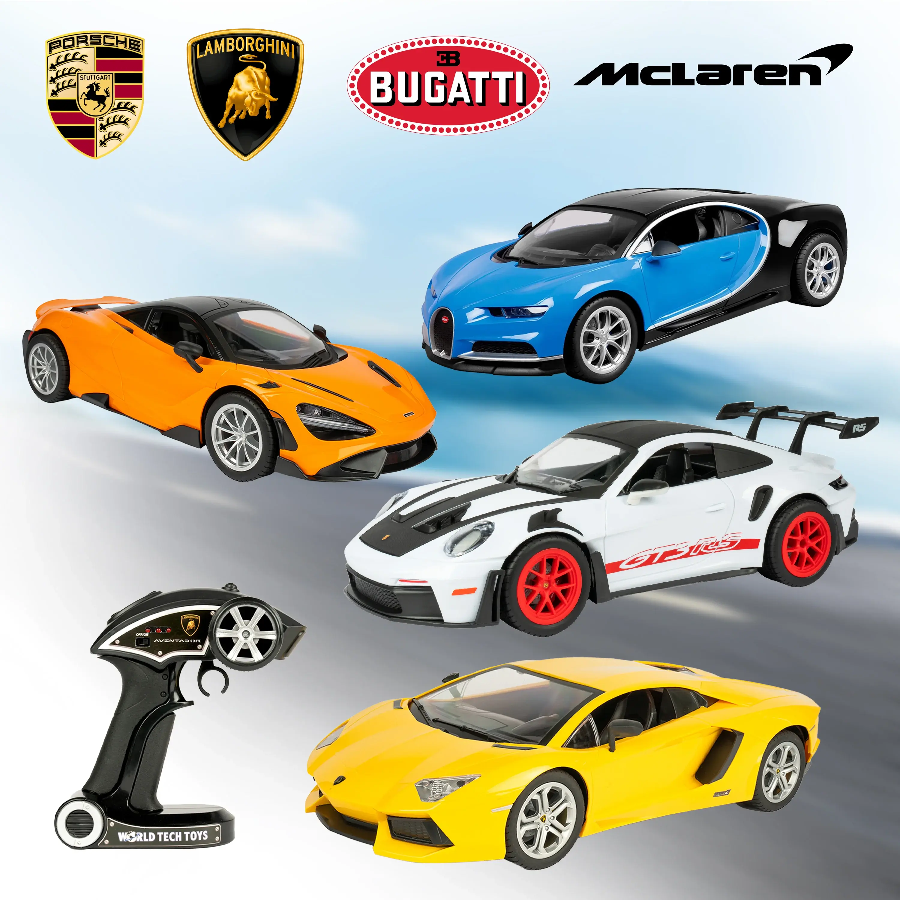 World Tech Toys 1:10 RTR Electric RC Car – Officially Licensed Bugatti Chiron, Porsche GT3 RS, Lamborghini & McLaren 765LT, Racing RC Car for Kids, Summer Outdoor Toys