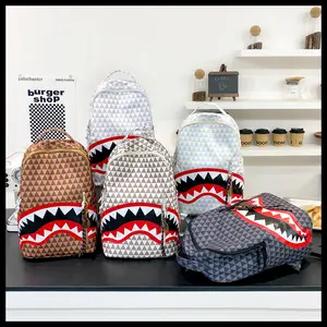 Summer school student backpack with shark tooth graffiti design, children's holiday gift backpack with adjustable shoulder straps and spacious pockets, black soft shell laptop bag 16.5 "x11.4" x6.3“