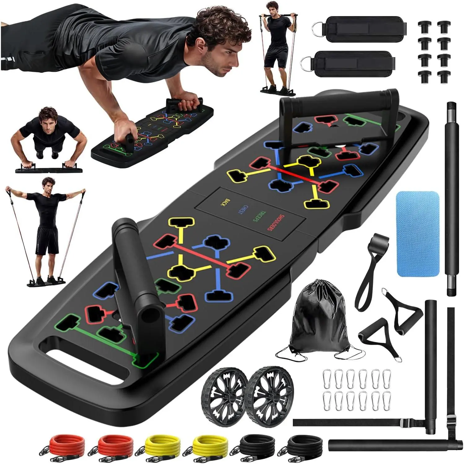 Push Up Board,Home Gym,Portable Exercise Equipment,Pilates Bar and 20 Fitness Accessories with Resistance Bands and Ab Roller Wheel,Full Body Workout at Home premium 8-in-1