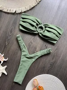 Two-Piece Set Women's Bikini Set, Strapless Bandeau Bikini, Casual Swim Top & Swim Bottom Two-piece Swimsuit for Beach Holiday Vacation, Ladies Swimwear for All Seasons, Summer Swimsuit Set, Ruched Bikini Bottoms, Bandeau Swim Bra, Bandeau Bathing Suits