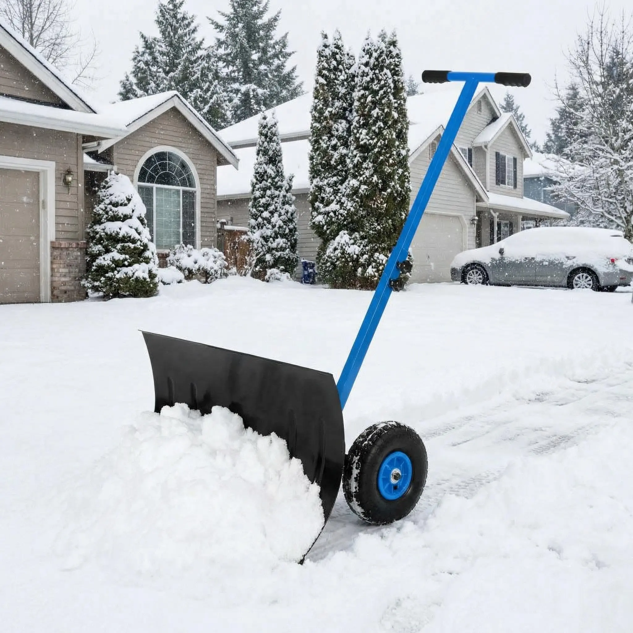 Garvee 29 Inch Snow Shovel for Driveway with Wheels, Heavy Duty Snow Pusher - Height & Angle Adjustable t-Handle, Angled Powder Coated Steel Blade, Ergonomic Back-Saver Snow Removal Tool