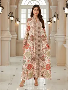 Women's Vintage Ethnic Totem Print Embellished Long Robe, Dubai Style Kaftan Evening Gown, Eid Al-Fitr Festival Abaya