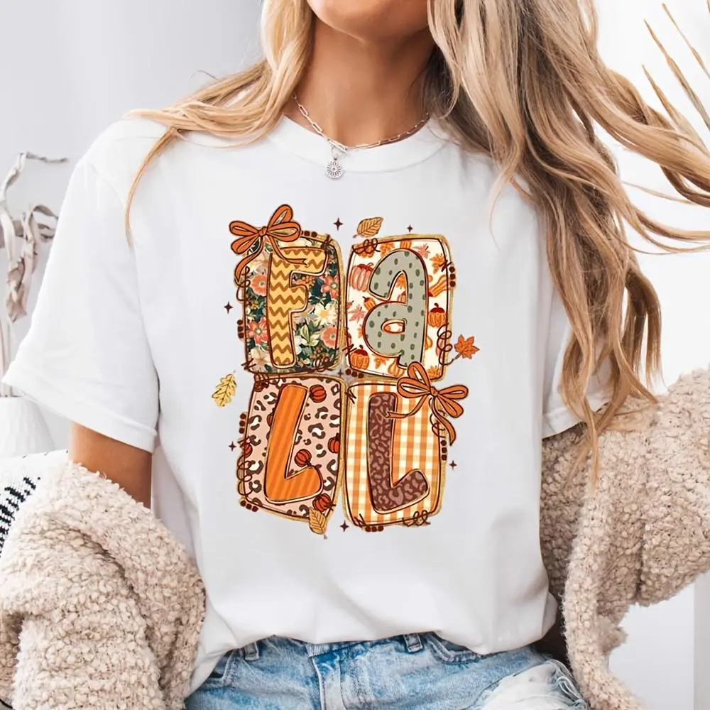 Fall Patchwork Letter Print Neck Drop Shoulder T-Shirt, Autumn Thanksgiving Holiday Casual Top, Daily Wear Streetwear