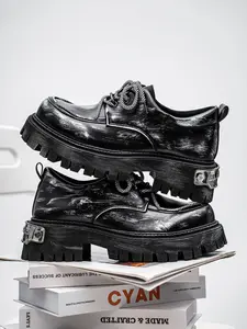 Men's Retro Vintage Dad Shoes, Thick Sole Height Boost, Casual Patchwork Design, PU Leather, Hidden Wedge Heel, All Seasons