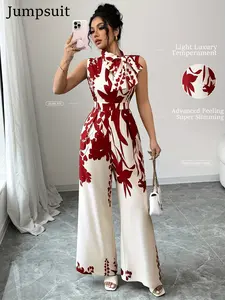 Ladies' printed jumpsuit with stand up bow details, sleeveless wide leg jumpsuit, cinched waist for slimming and height enhancement, new Chinese style printed design, suitable for spring, summer, autumn/dating/commuting/vacation style/light formal occasio