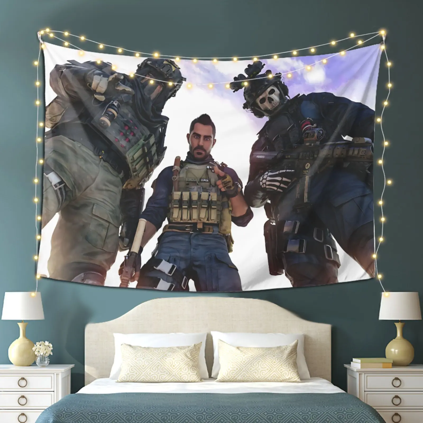 This König and Ghost COD design is a durable decorative tapestry. Hanging in living room, living room bedroom office home decor wall blanket/room decor/party decor wall hanging, ideal for holidays, birthdays, anniversaries.