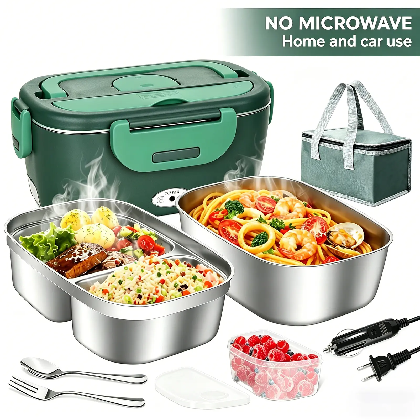 Portable Electric Lunch Box Heater | 80W Fast Heating Food Warmer | Car Truck Office 12V/24V/110V with Stainless Containers