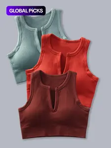 Women's 3pcs Solid Notched Neck Sports Vest, Summer Clothes Women, Breathable Comfortable Crop Sports Tank Top For Yoga Gym Workout Running, Women's Sport & Outdoor Clothing For Summer, Gym Wear, Breathable Workout Tops