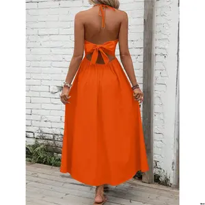 Dress sleeveless tie neck hanging backless solid color Holidaya SHEIN