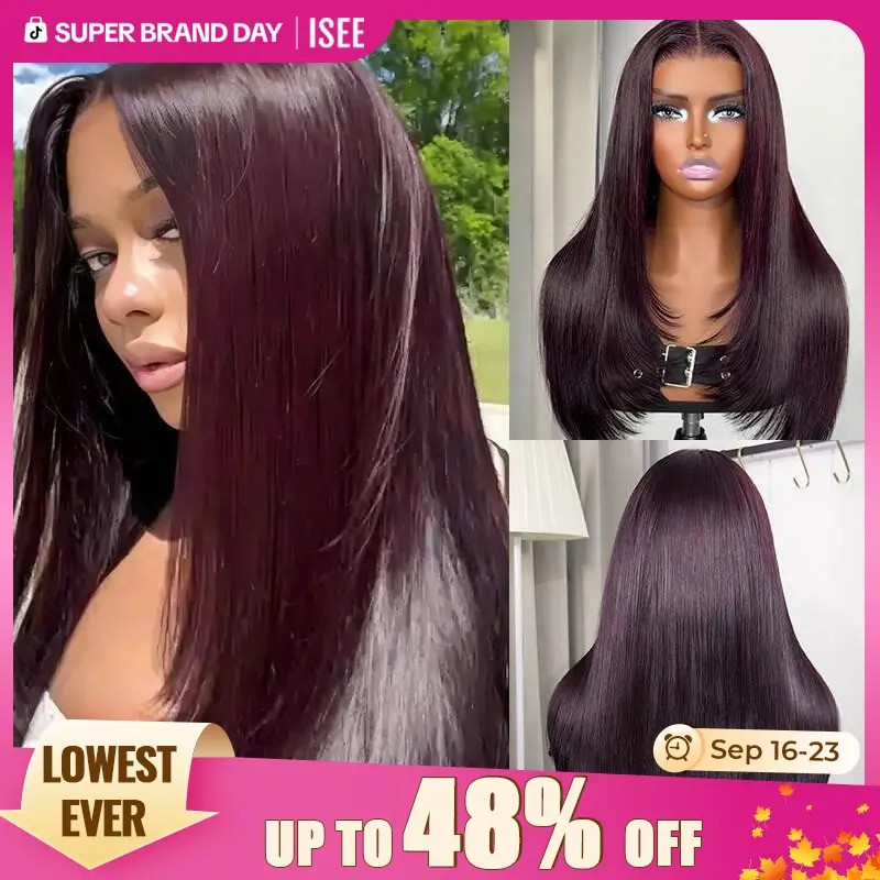 ISEE HAIR 7x5 Lace Front Wig Black Cherry Layered Cut Straight Human Hair Wig, Blackcurrant Brunette Wear Go Glueless Wig with Pre-Cut Lace & Pre-Plucked Hairline & Invisible Knots & Drawstring#SoHoChic #TikTokShopBackToSchool