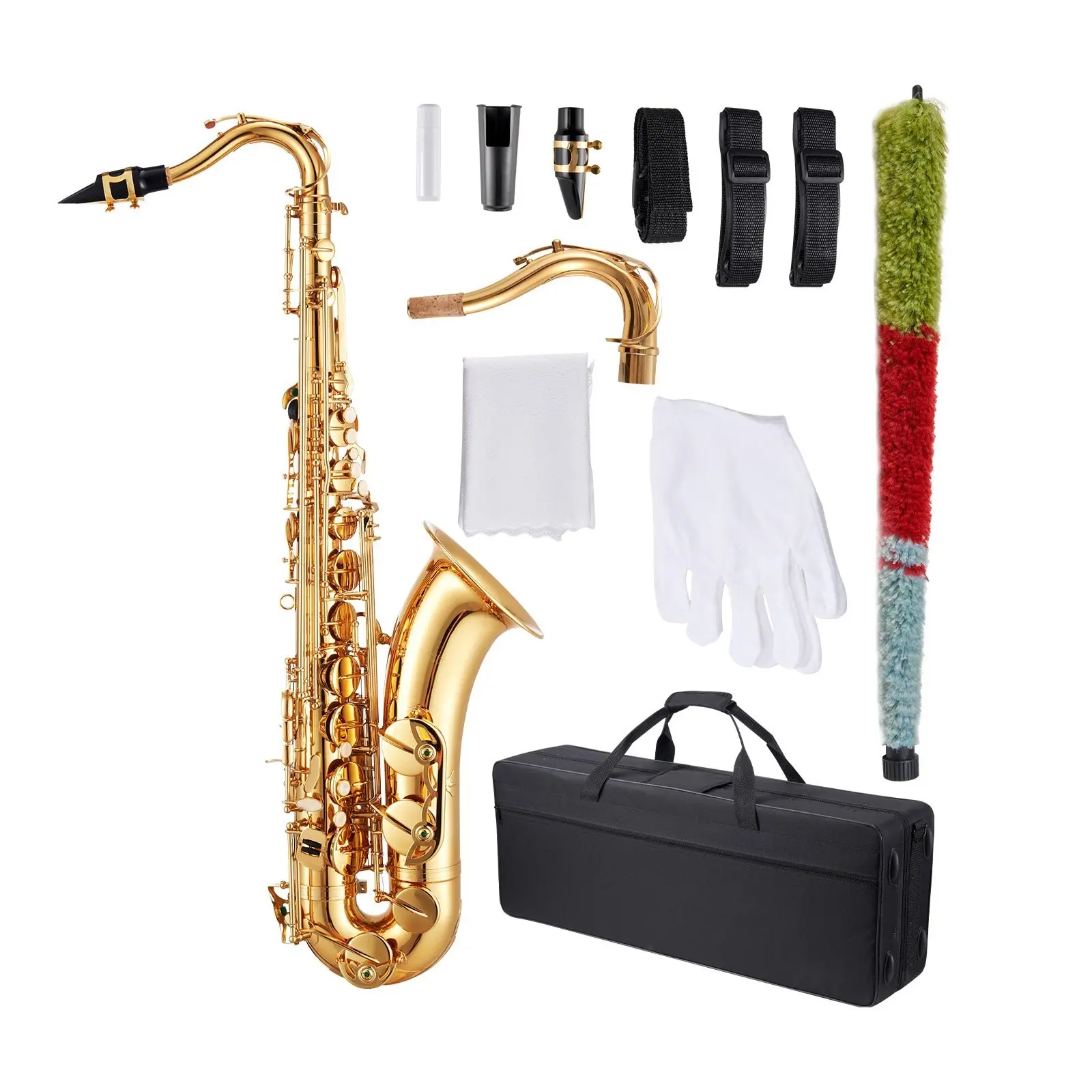 Gold Brass Tenor Saxophone in B Flat for Beginners - Starter Kit with Case, Straps, Mouthpiece, Reeds, Cleaning Kit, Brush, and Protective Hard Case, Ideal Student Instrument for Learning Jazz and Orchestra