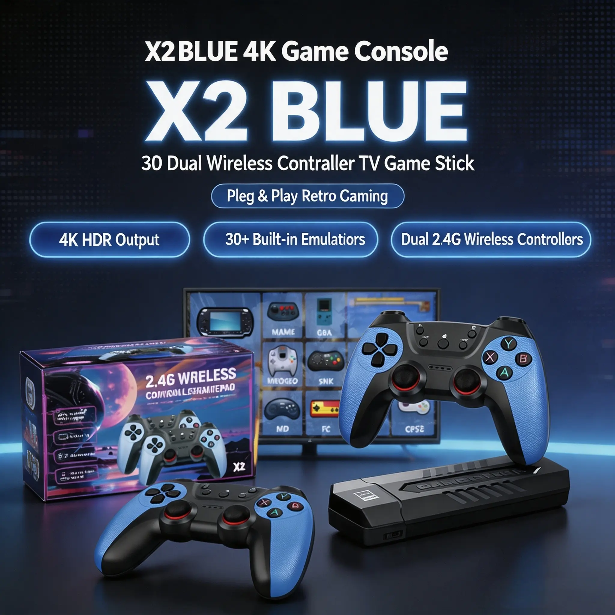 X2 Blue 4K 3D Game Stick, Dual Wireless Controllers Retro Gaming Console, 4K HDMI Output, Built-in 30+ Simulators, 2-Player Plug & Play TV Video Game, Gift for Kids and Adults