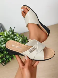 Women's Summer Wedge Sandals, PU Leather Slides, Comfortable Thick Sole Slippers, Wrinkle Design, Perfect for Daily Home & Outdoor Casual Wear