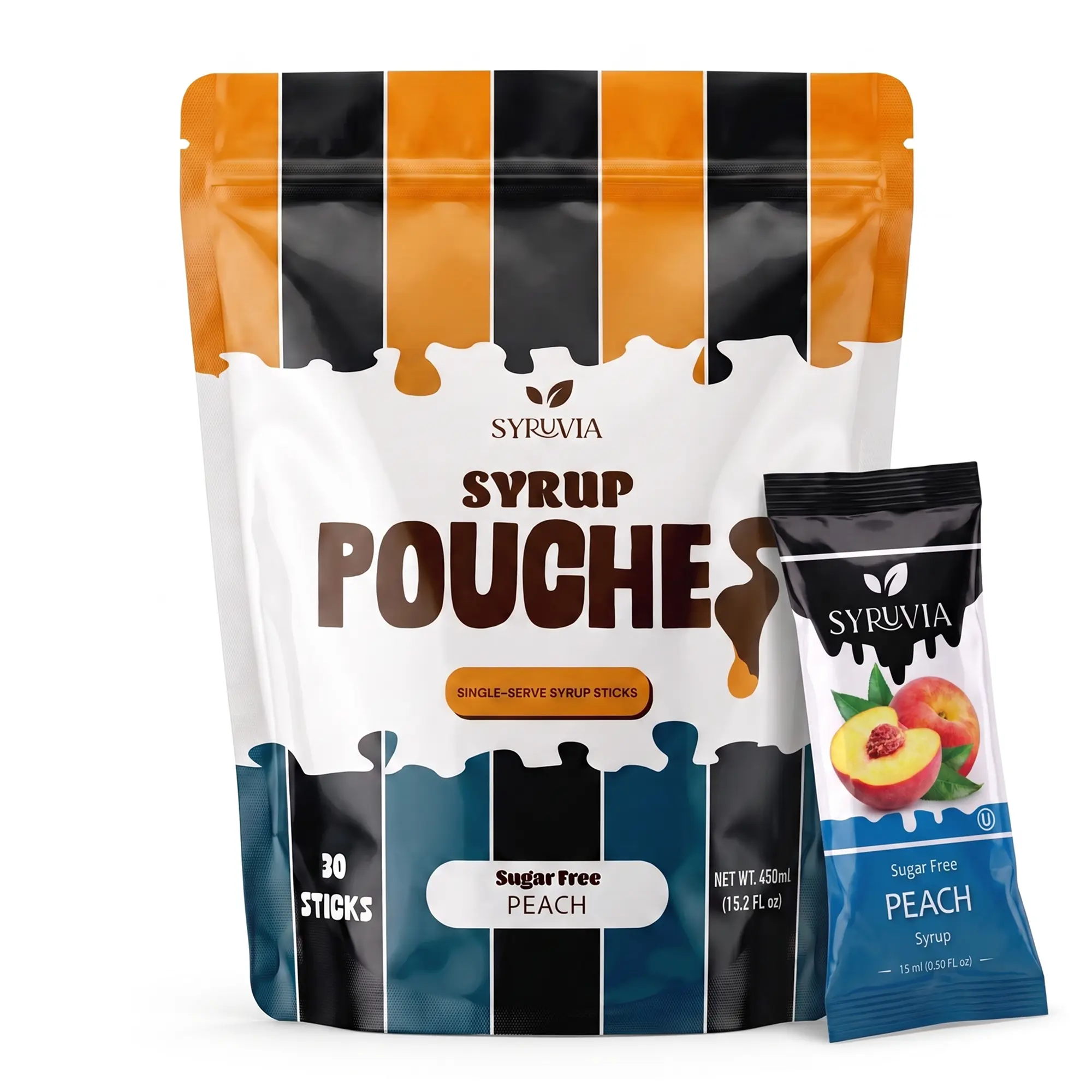 Syruvia Sugar Free Peach Syrup Pouches, Fruity Syrup Sticks for Cocktails, Fruit Drinks, Lemonades & Desserts, 30 Count (15 mL Each)