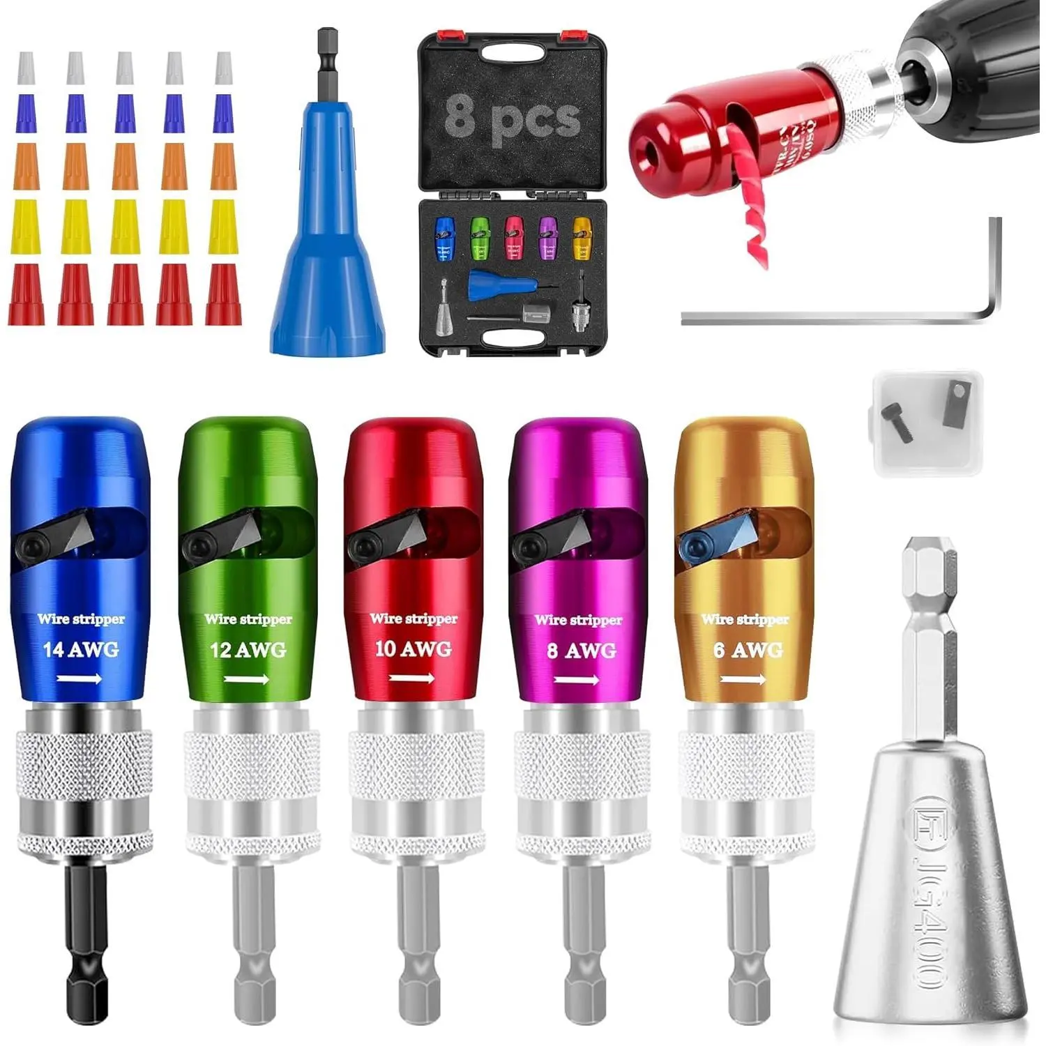 US Regulations Wire Stripping for Drill, Wire Stripping Tool & Wire Twisting Connector Set,Wire Twister Tool for Drill, 8 in 1 Quickly Drill Wire Stripping Professional Electrician Tools Set (8pcs) Gifts for Dad,Summervibes.fathersdaygift