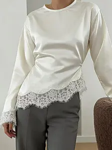 Women's 2026 Fashion Vintage Bow Tie Lace T-Shirt Womenswear, Round Neck Long Sleeve Solid Asymmetrical Hem Twist Top, Elegant Feminine Casual Daily Wear