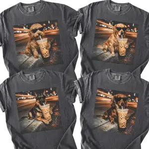 Comfort Colors Funny Dog Shirt, 50+ Dog Drinking Iced Coffee Tee, 50+ Dog Breeds Available, Retro Golden Retriever Wiener Dog Shirt, Cute Dog Lover Gift