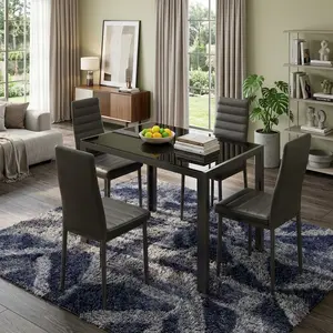 5 Pieces Modern Living Room Dining Set, 4 Seater Tempered Glass Dining Table, High Back Comfort PU Leather Chairs, Perfect For Kitchen Dining Room Apartment Small Space Home Decor Furniture