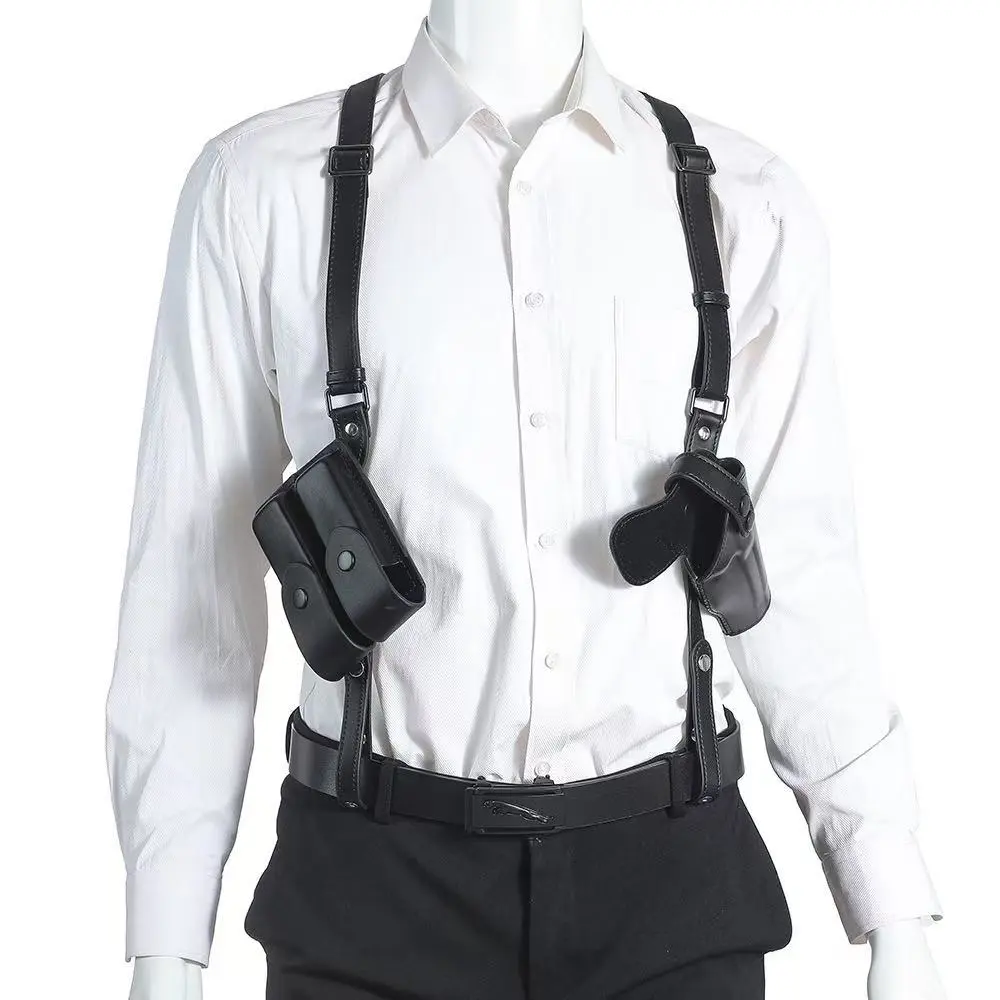Vertical Shoulder Holster in Genuine Leather, Adjustable Tactical Accessories for Concealed Carry with Dual Magazine Pouch, Universal Fit for 1911 & Most Handguns, Magazine Carry, Dual Clips, Vertical Concealment, Adjustable Design, Fast Mag Access, Fits
