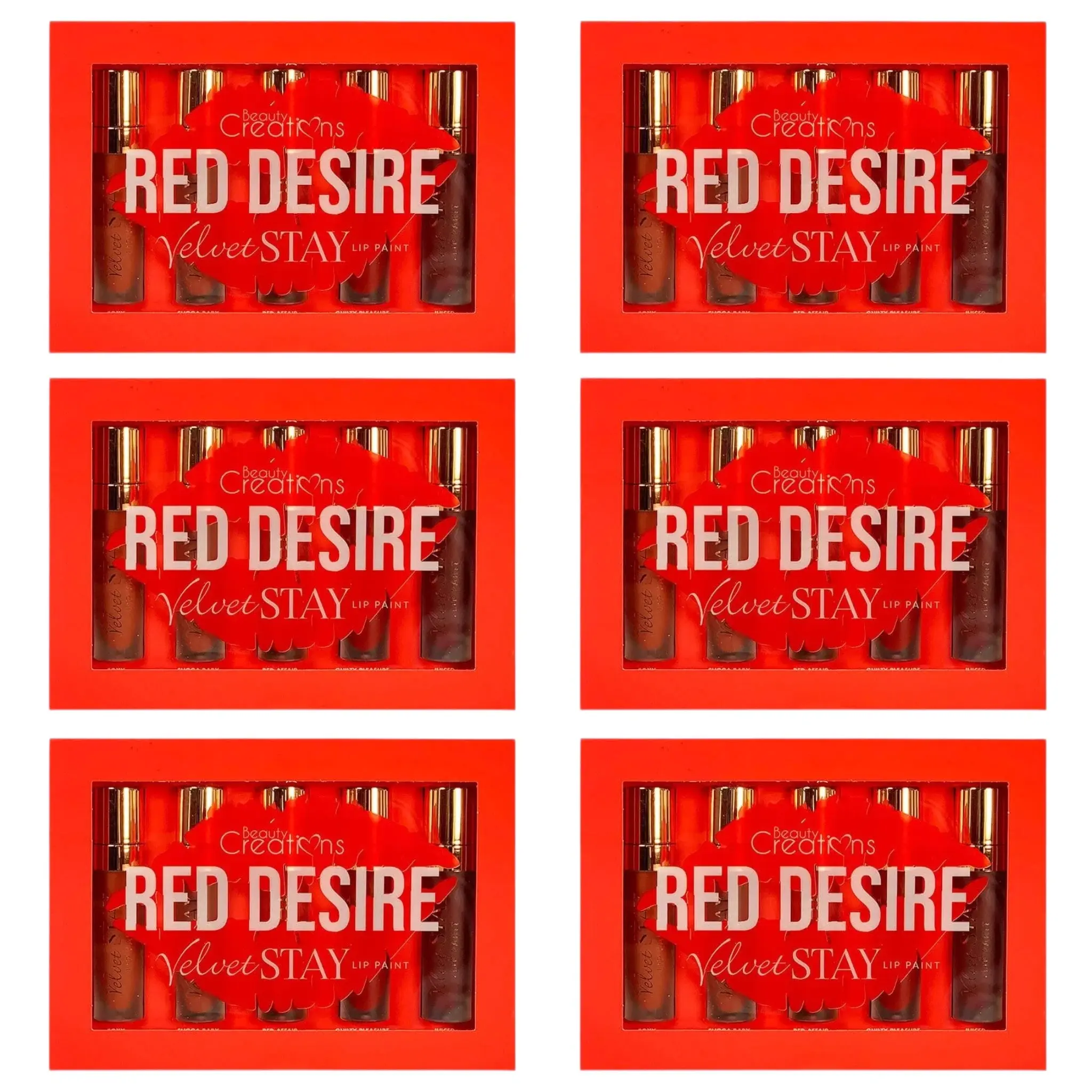Sets de Brillos de Labios Velvet Stay Red Desire Beauty Creations - Venta al por Mayor 6 Sets (VSLP-SET2)
