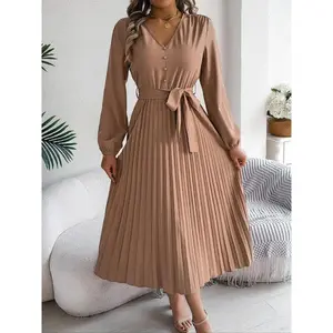 Women's Plain Fake Buttons Belted Pleated Dress, Elegant Bishop Sleeve V Neck A Line Dress for Party Wedding Guest, Dresses for Women, Ladies Clothes for Spring & Fall, Birthday Dresses, Womenswear