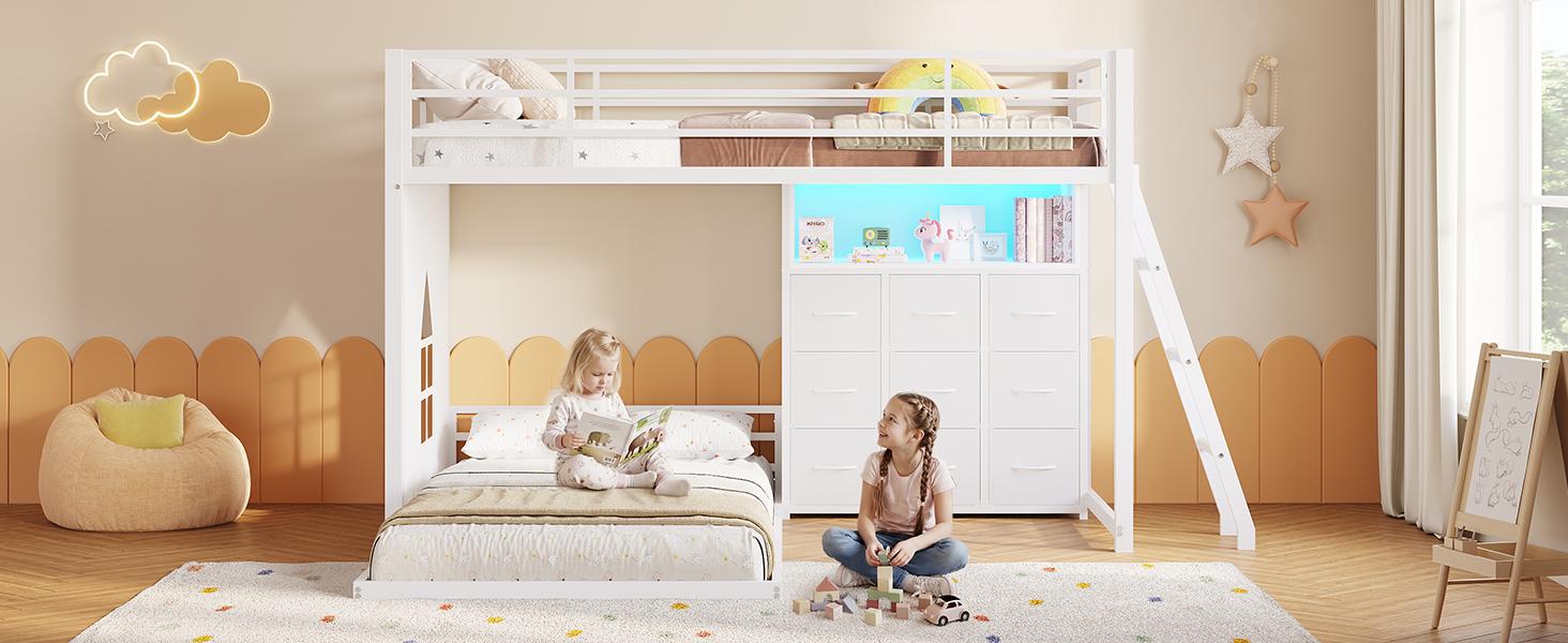 Hasuit Twin Over Twin Bunk Bed with 9 Storage Drawers, Twin Bunk Beds for Kids with LED Lights and Charging Station